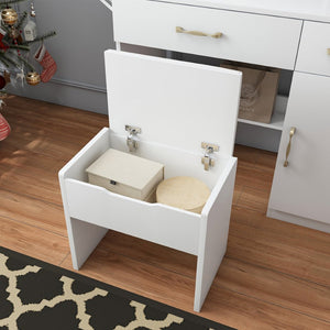 English Elm Vanity Desk with Led Mirror Touch Light Power Outlet Drawers and Storage Stool W2700P342538