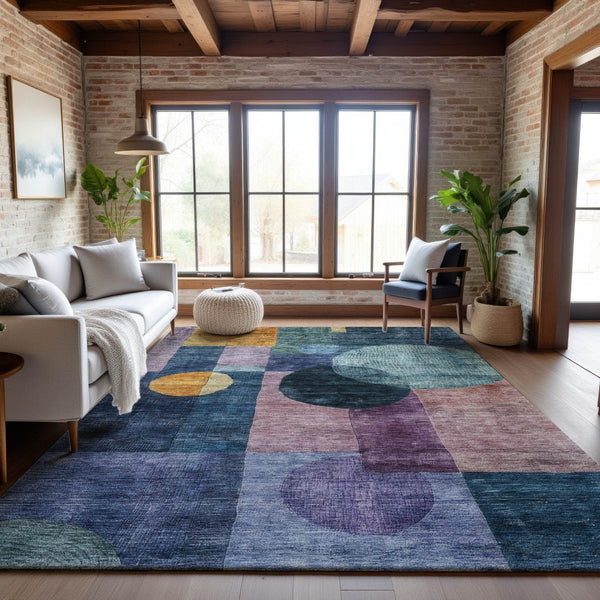 HomeRoots 9' X 12' Vibrant Blue, Purple & Gold Geometric Washable Area Rug with UV Protection for Homes 684701