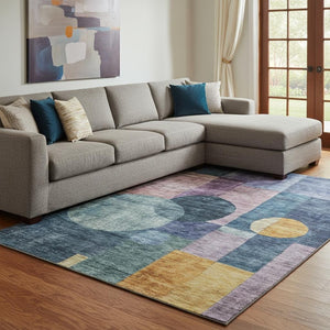 HomeRoots 10' Vibrant Blue, Purple, and Gold Geometric Washable Area Rug with UV Protection for High Traffic Homes 684702