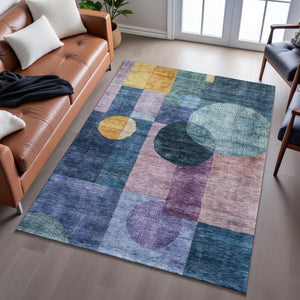 HomeRoots 10' Vibrant Blue, Purple, and Gold Geometric Washable Area Rug with UV Protection for High Traffic Homes 684702