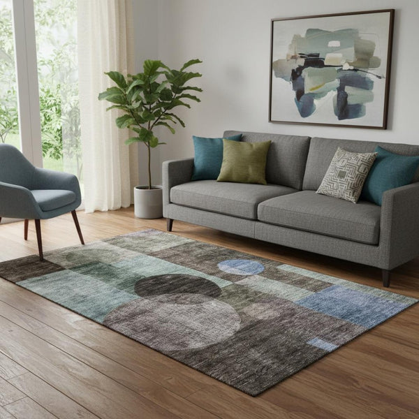 HomeRoots 5' X 8' Stylish Brown Blue Taupe Geometric Washable Area Rug with UV Protection for Modern Homes 684704