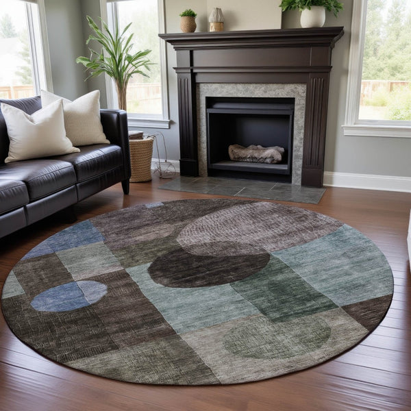 HomeRoots 8' Stylish Brown, Blue & Taupe Geometric Washable Round Rug with UV Protection for Modern Spaces 684705