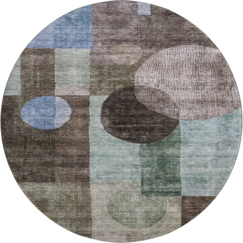 HomeRoots 8' Stylish Brown, Blue & Taupe Geometric Washable Round Rug with UV Protection for Modern Spaces 684705
