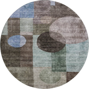 HomeRoots 8' Stylish Brown, Blue & Taupe Geometric Washable Round Rug with UV Protection for Modern Spaces 684705
