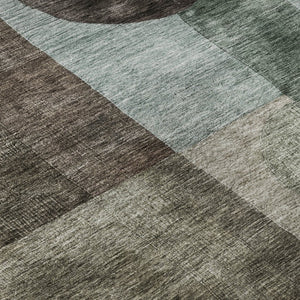 HomeRoots 8' Stylish Brown, Blue & Taupe Geometric Washable Round Rug with UV Protection for Modern Spaces 684705