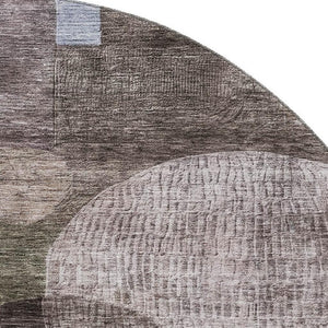 HomeRoots 8' Stylish Brown, Blue & Taupe Geometric Washable Round Rug with UV Protection for Modern Spaces 684705