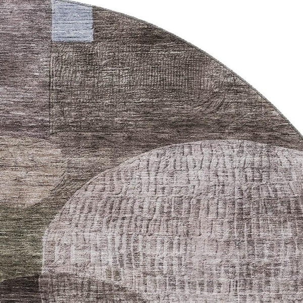 HomeRoots 8' Stylish Brown, Blue & Taupe Geometric Washable Round Rug with UV Protection for Modern Spaces 684705