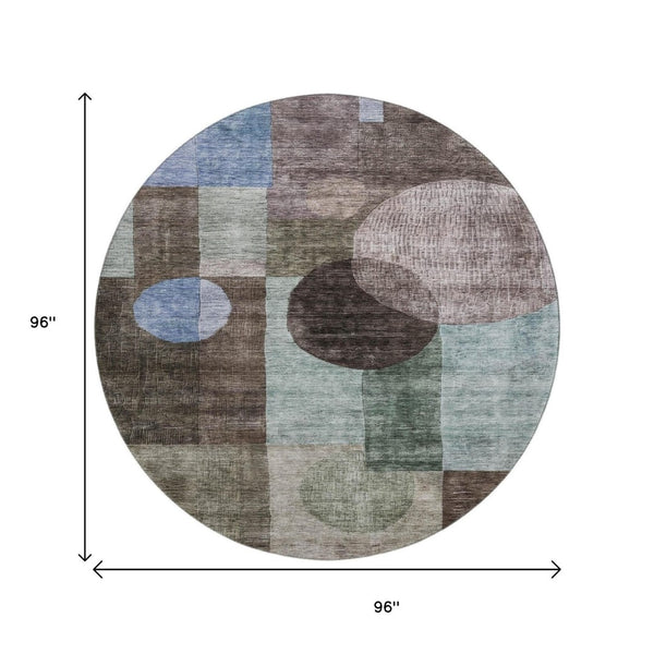 HomeRoots 8' Stylish Brown, Blue & Taupe Geometric Washable Round Rug with UV Protection for Modern Spaces 684705