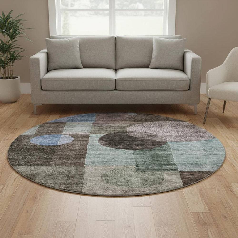 HomeRoots 8' Stylish Brown, Blue & Taupe Geometric Washable Round Rug with UV Protection for Modern Spaces 684705