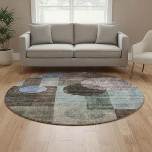 HomeRoots 8' Stylish Brown, Blue & Taupe Geometric Washable Round Rug with UV Protection for Modern Spaces 684705