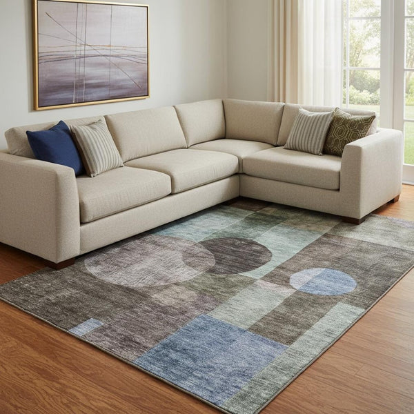 HomeRoots 8' X 10' Modern Geometric Area Rug in Brown, Blue & Taupe - Washable, UV Protected & Stain Resistant! 684706