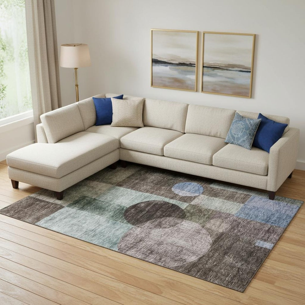 HomeRoots 9' X 12' Durable Brown Blue Taupe Geometric Washable Area Rug with UV Protection for High Traffic Areas 684707