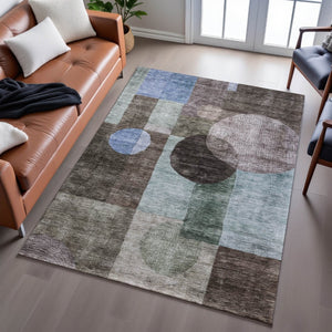 HomeRoots 9' X 12' Durable Brown Blue Taupe Geometric Washable Area Rug with UV Protection for High Traffic Areas 684707