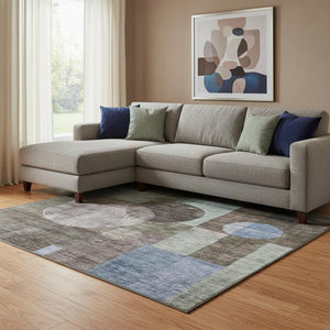HomeRoots 10' X 14' Stylish Brown Blue Taupe Geometric Washable Area Rug with UV Protection for Busy Homes 684708