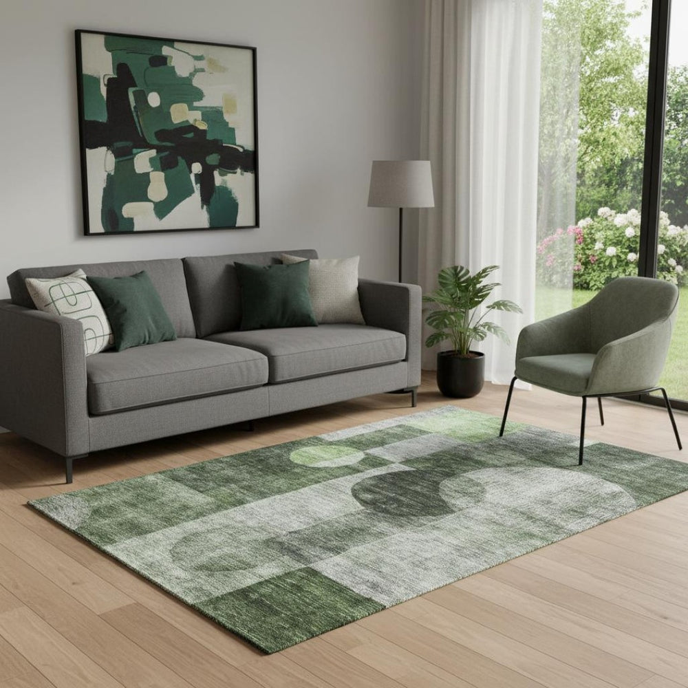 HomeRoots 5' X 8' Modern Geometric Fern Green Area Rug with UV Protection - Stain Resistant & Washable Design 684710