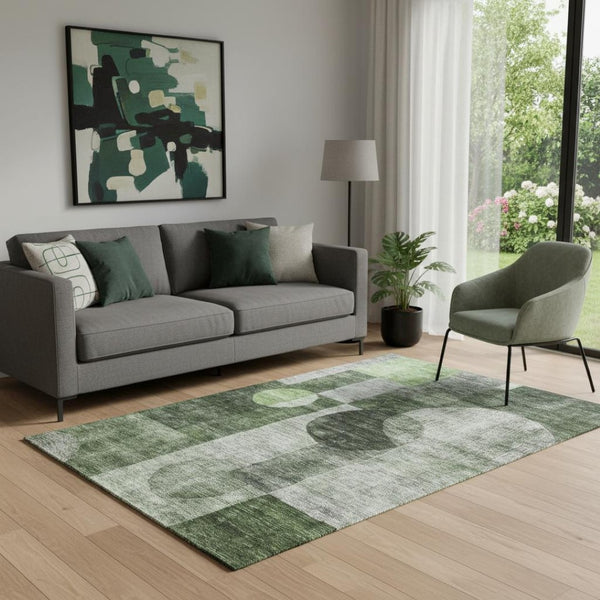 HomeRoots 5' X 8' Modern Geometric Fern Green Area Rug with UV Protection - Stain Resistant & Washable Design 684710