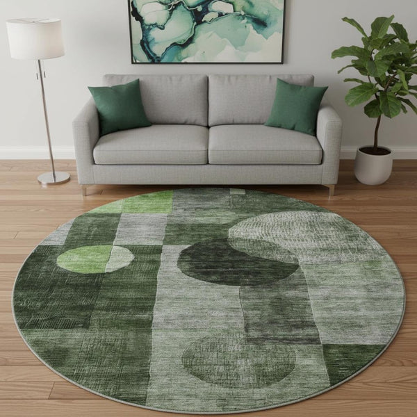 HomeRoots 8' Fern Green Gray Silver Geometric Washable Round Rug – Durable, Stylish & Family-Friendly Design! 684711