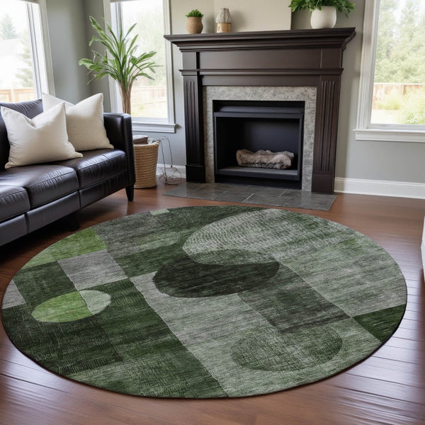HomeRoots 8' Fern Green Gray Silver Geometric Washable Round Rug – Durable, Stylish & Family-Friendly Design! 684711