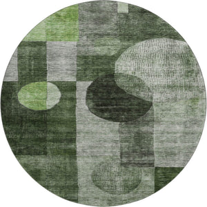 HomeRoots 8' Fern Green Gray Silver Geometric Washable Round Rug – Durable, Stylish & Family-Friendly Design! 684711