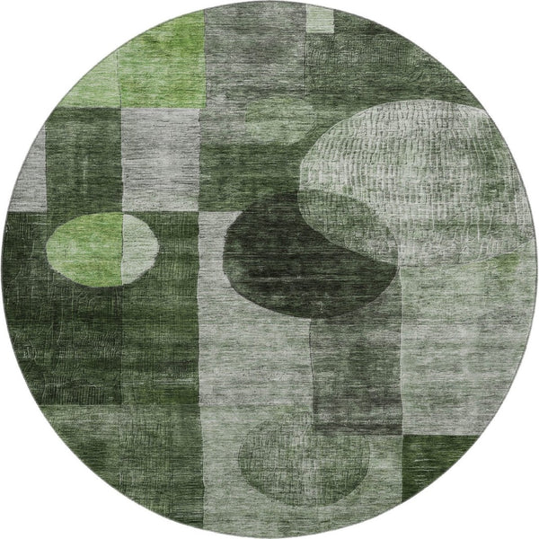 HomeRoots 8' Fern Green Gray Silver Geometric Washable Round Rug – Durable, Stylish & Family-Friendly Design! 684711