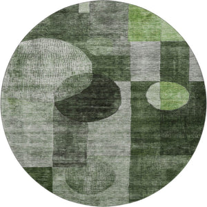 HomeRoots 8' Fern Green Gray Silver Geometric Washable Round Rug – Durable, Stylish & Family-Friendly Design! 684711