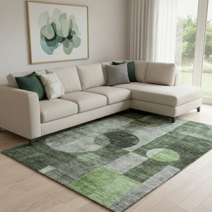 HomeRoots 8' X 10' Modern Fern Green Gray Silver Geometric Washable Area Rug with UV Protection for Homes 684712
