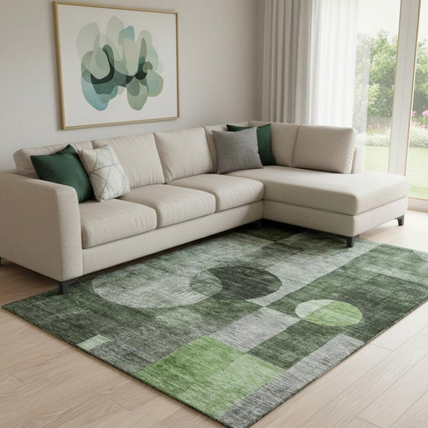 HomeRoots 8' X 10' Modern Fern Green Gray Silver Geometric Washable Area Rug with UV Protection for Homes 684712