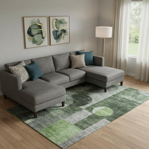 HomeRoots 9' X 12' Washable Fern Green, Gray & Silver Geometric Area Rug with UV Protection for Modern Homes 684713