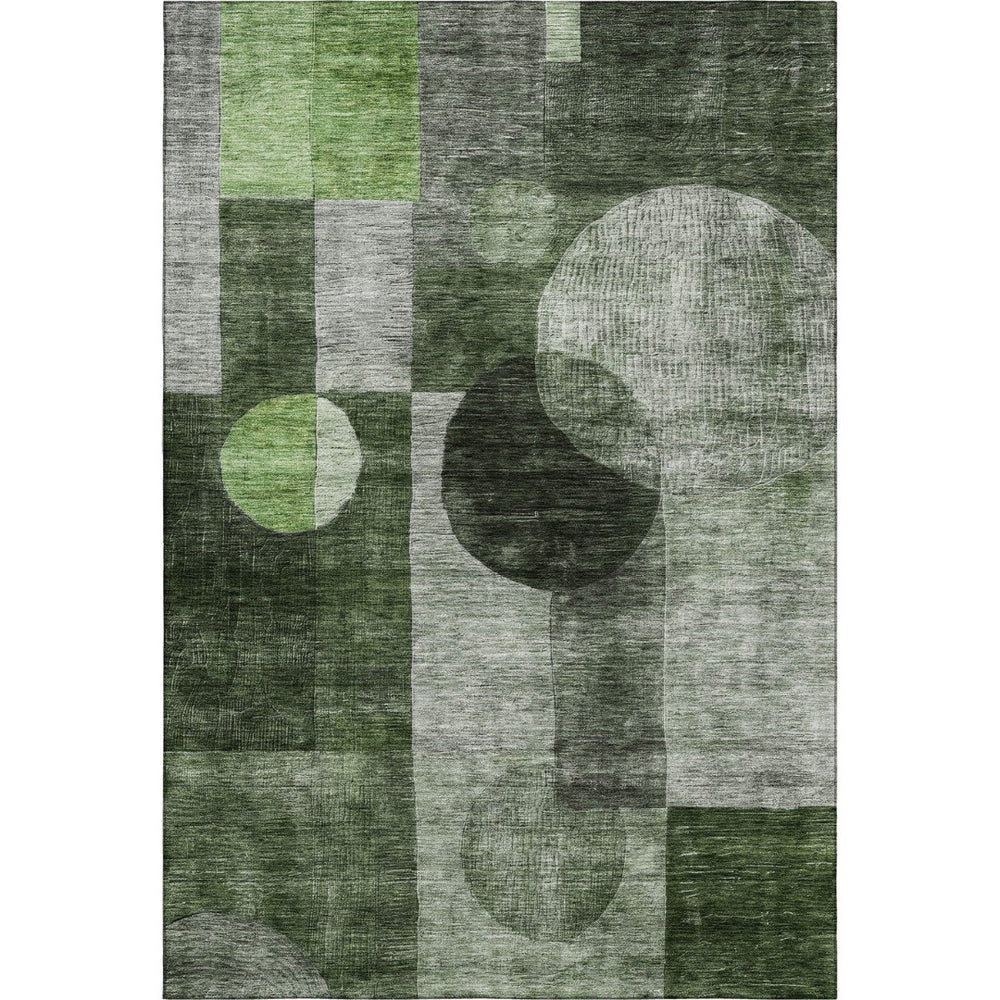 HomeRoots 9' X 12' Washable Fern Green, Gray & Silver Geometric Area Rug with UV Protection for Modern Homes 684713