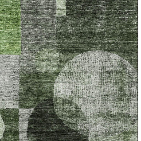 HomeRoots 9' X 12' Washable Fern Green, Gray & Silver Geometric Area Rug with UV Protection for Modern Homes 684713