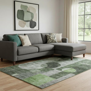 HomeRoots 10' X 14' Stylish Fern Green & Gray Geometric Washable Area Rug with UV Protection for Homes 684714