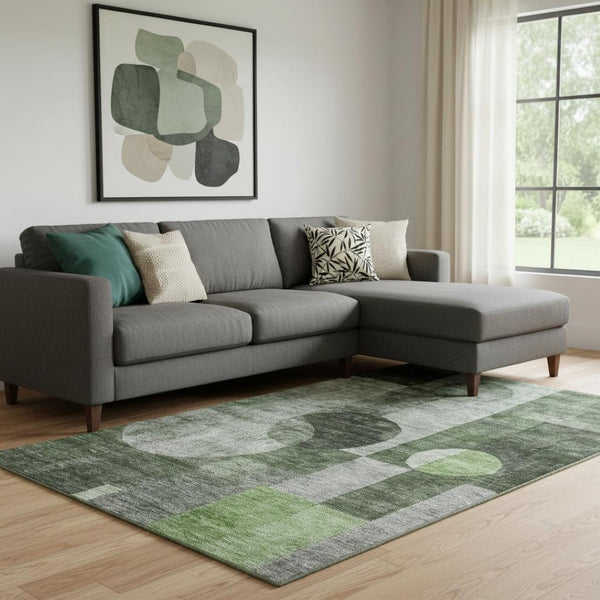 HomeRoots 10' X 14' Stylish Fern Green & Gray Geometric Washable Area Rug with UV Protection for Homes 684714