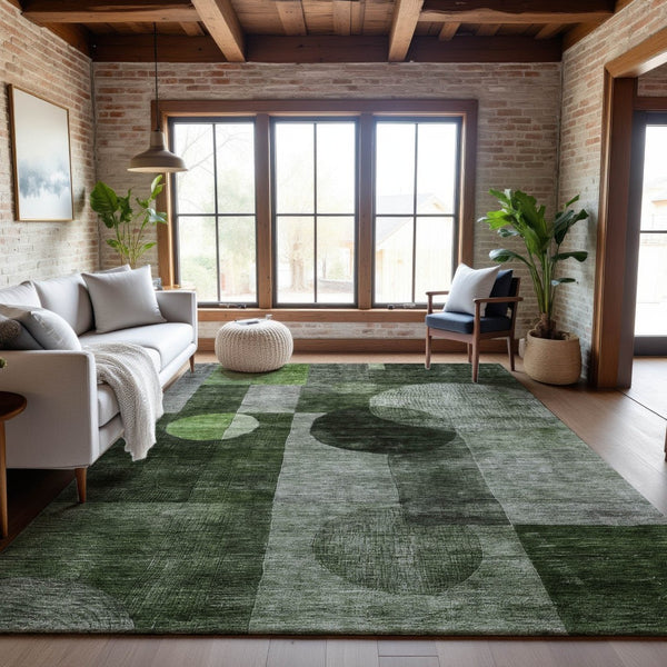 HomeRoots 10' X 14' Stylish Fern Green & Gray Geometric Washable Area Rug with UV Protection for Homes 684714
