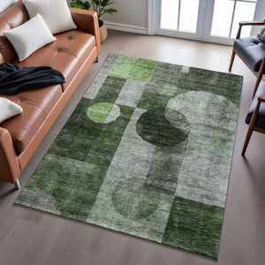 HomeRoots 10' X 14' Stylish Fern Green & Gray Geometric Washable Area Rug with UV Protection for Homes 684714