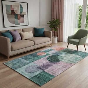HomeRoots 5' X 8' Geometric Area Rug in Green, Coral & Lavender – Washable, UV Protected, Stain Resistant! 684716