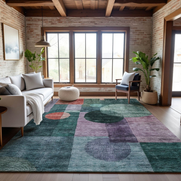 HomeRoots 5' X 8' Geometric Area Rug in Green, Coral & Lavender – Washable, UV Protected, Stain Resistant! 684716