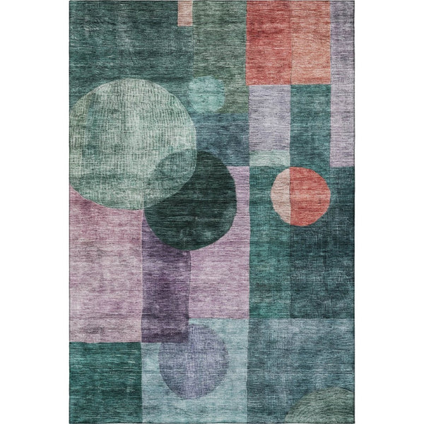 HomeRoots 5' X 8' Geometric Area Rug in Green, Coral & Lavender – Washable, UV Protected, Stain Resistant! 684716