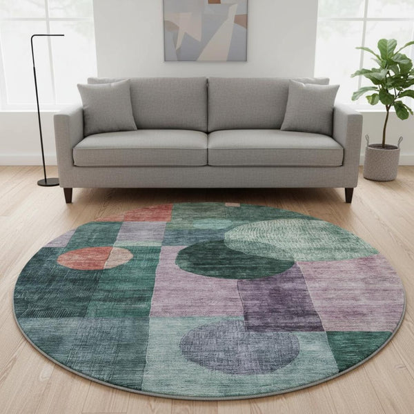 HomeRoots 8' Modern Geometric Round Rug in Green, Coral & Lavender - Washable, UV-Protected, Durable Design 684717