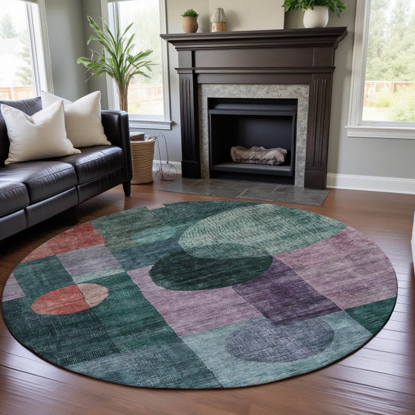 HomeRoots 8' Modern Geometric Round Rug in Green, Coral & Lavender - Washable, UV-Protected, Durable Design 684717
