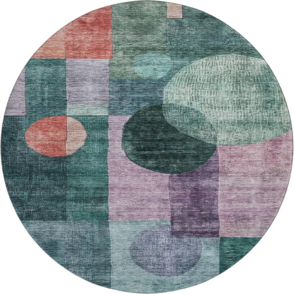 HomeRoots 8' Modern Geometric Round Rug in Green, Coral & Lavender - Washable, UV-Protected, Durable Design 684717