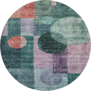 HomeRoots 8' Modern Geometric Round Rug in Green, Coral & Lavender - Washable, UV-Protected, Durable Design 684717