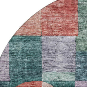 HomeRoots 8' Modern Geometric Round Rug in Green, Coral & Lavender - Washable, UV-Protected, Durable Design 684717