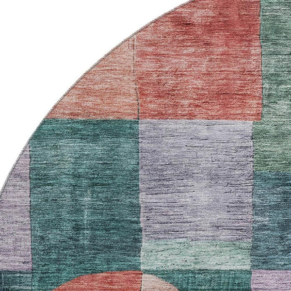 HomeRoots 8' Modern Geometric Round Rug in Green, Coral & Lavender - Washable, UV-Protected, Durable Design 684717