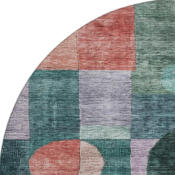 HomeRoots 8' Modern Geometric Round Rug in Green, Coral & Lavender - Washable, UV-Protected, Durable Design 684717