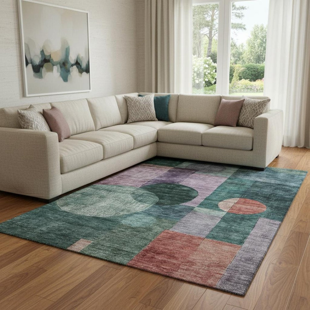 HomeRoots 8' X 10' Vibrant Green Coral Lavender Geometric Area Rug - Washable, UV-Protected & Stain-Resistant 684718