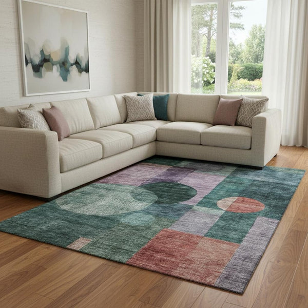 HomeRoots 8' X 10' Vibrant Green Coral Lavender Geometric Area Rug - Washable, UV-Protected & Stain-Resistant 684718