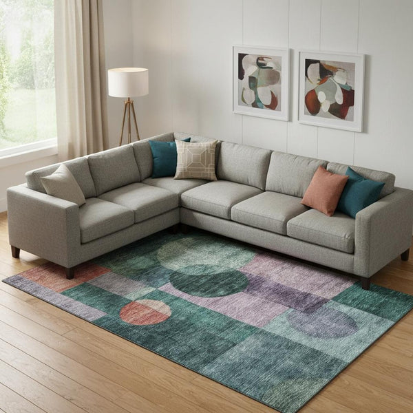 HomeRoots 9' X 12' Geometric Area Rug in Green, Coral & Lavender - Washable, UV-Protected, Durable Design! 684719