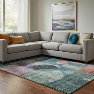 HomeRoots 10' Geometric Washable Area Rug in Green, Coral & Lavender - Durable, UV-Protected & Non-Slip Design 684720