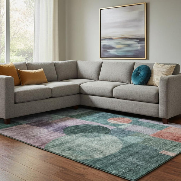 HomeRoots 10' Geometric Washable Area Rug in Green, Coral & Lavender - Durable, UV-Protected & Non-Slip Design 684720