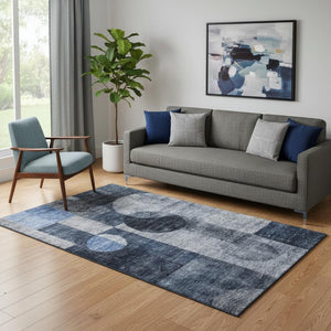 HomeRoots 5' X 8' Navy Blue Geometric Area Rug with UV Protection - Washable, Durable & Stain Resistant Design 684722